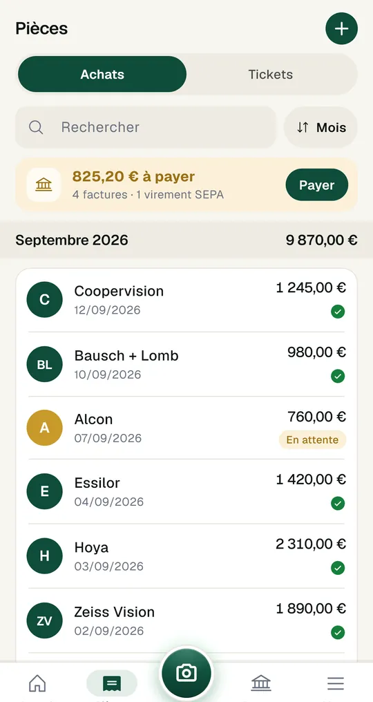 Société : achats et tickets rangés.